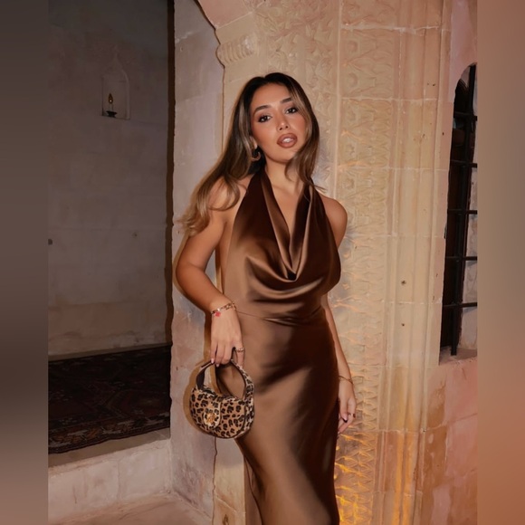 Zara dress gown maxi halter satin plunge neck Brown holiday wedding evening Zara dress gown maxi halter satin plunge neck Brown holiday wedding evening